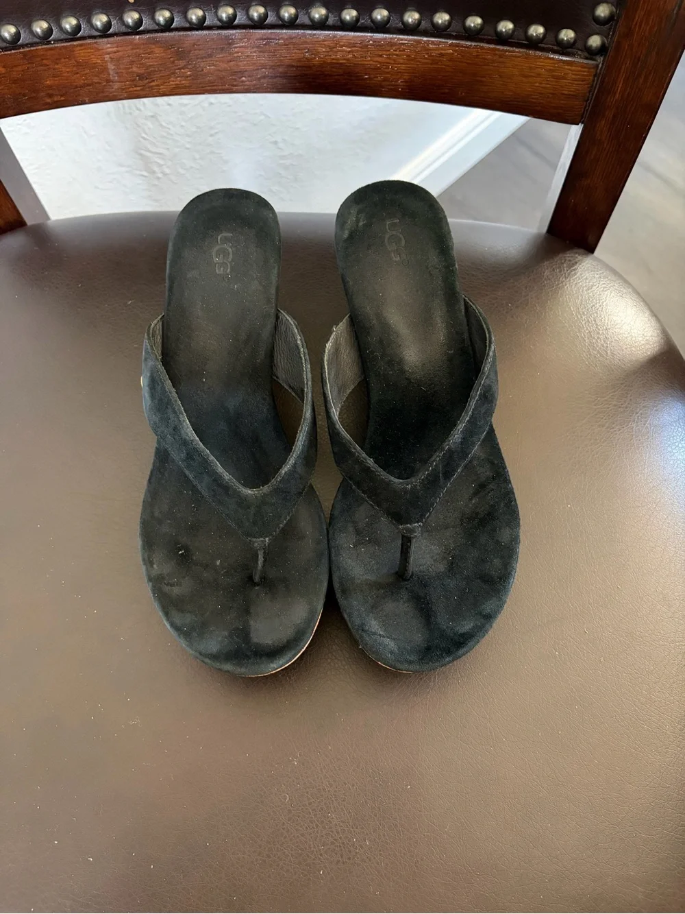 UGG Black Suede Cork Platform Thong Sandals